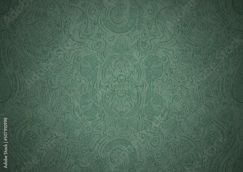 Hand-drawn unique abstract symmetrical seamless ornament. Dark semi transparent green on a light cold green with vignette of a darker background color. Paper texture. A4. (pattern: p01a)