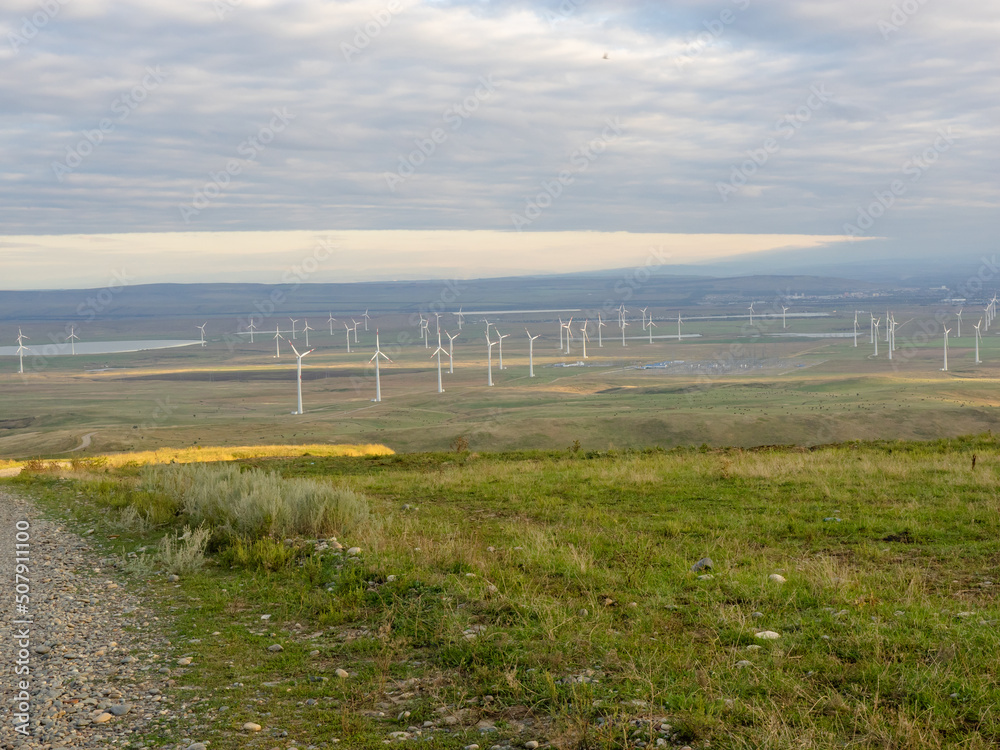 landscape with windmills.Wind turbine Located on a hill landscape with windmills.Wind turbine Located on a hill
