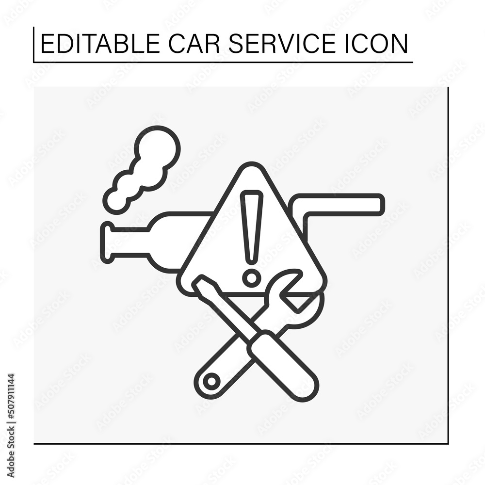  Emission failure repair line icon. Replacement of oil for cleaning engine and low emissions output. Car service concept. Isolated vector illustration. Editable stroke