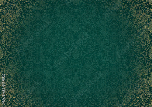 Hand-drawn unique abstract ornament. Light green on a dark cold green background, with vignette in golden glitter. Paper texture. Digital artwork, A4. (pattern: p01b)