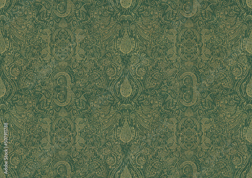 Hand-drawn unique abstract symmetrical seamless gold ornament of golden glitter on a warm green background. Paper texture. Digital artwork, A4. (pattern: p01b)