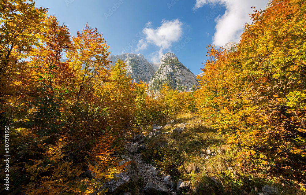 Beautiful autumn day in the Vrata valley in the Julian Alps mountains