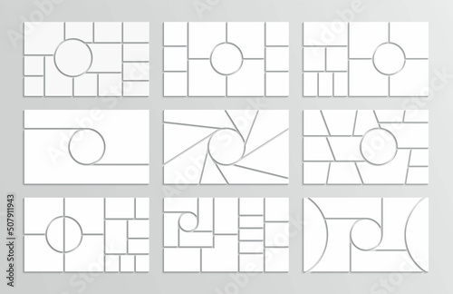 Photo collage layout. Moodboard template. Mood board background. Mosaic picture frame. Scrapbook grid. Gallery banner. Album brandboard. Set of portfolio images. Retro photoframe. Vector illustration