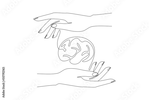 Continuous one line drawing of brain and human hands. Mental health care and safety intelligence mind in simple linear style for banner. Editable stroke. Doodle vector illustration