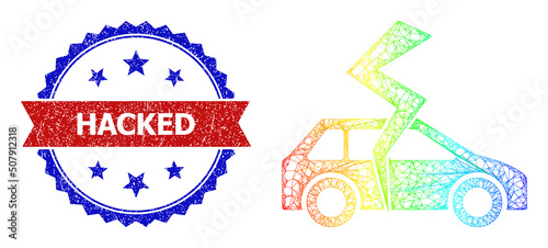 Net mesh car destroy frame icon with spectrum gradient, and bicolor dirty Hacked seal stamp. Red seal includes Hacked caption inside blue rosette. Colored frame net car destroy icon.