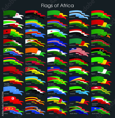 A set of developing flags of African countries: Algeria, DR Congo, Libya, Niger, Nigeria, Chad, Ethiopia, South Africa, Mali, Angola. 55 icons. Isolated vector icons