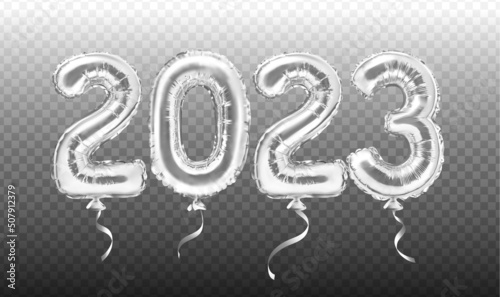 2023 silver decoration holiday on transparent background. Silver foil balloons numeral 2023. Realistic 3d vector illustration