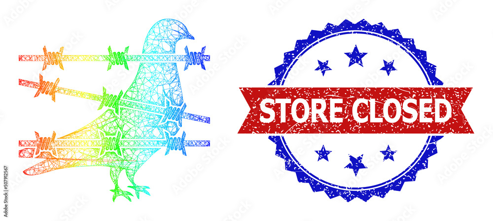 Mesh net bird jail framework icon with spectral gradient, and bicolor unclean Store Closed seal stamp. Red seal includes Store Closed text inside blue rosette. Colorful frame mesh bird jail icon. Mesh net bird jail framework icon with spectral gradient, and bicolor unclean Store Closed seal stamp. Red seal includes Store Closed text inside blue rosette. Colorful frame mesh bird jail icon.