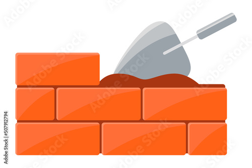 Wall. Construction of the wall of a brick building. New home for people. Restoration of destruction. New shopping malls, shops and high-rise buildings. Vector illustration in cartoon style.