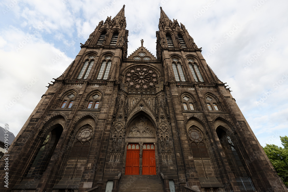 Beautiful, impressive cathedral of Clermont Ferrand in France, made dark from volcanic rocks .