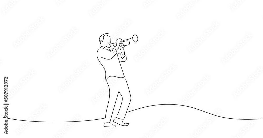 Trumpet player in line art animation. Video footage of musician playing music. Black linear video on white background. Animated gif illustration design.