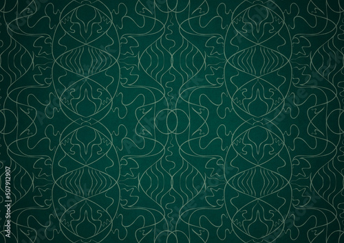 Hand-drawn unique abstract symmetrical seamless ornament. Bright green on a deep cold green with vignette of a darker background color. Paper texture. Digital artwork, A4. (pattern: p02-1b)
