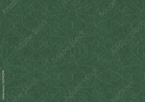 Hand-drawn unique abstract symmetrical seamless ornament. Bright semi transparent green on a deep warm green background. Paper texture. Digital artwork, A4. (pattern: p02-1b)