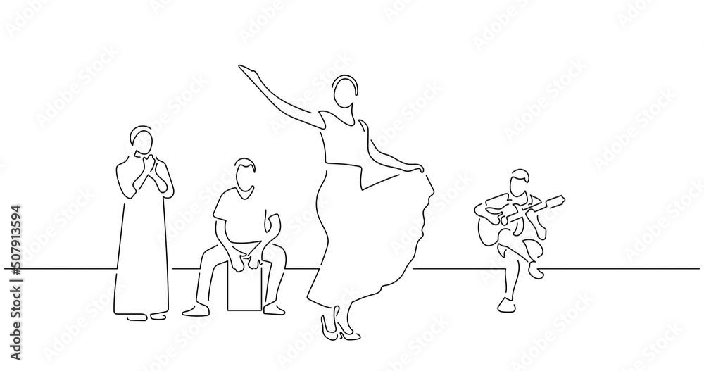 Flamenco music band in line art animation. Video footage of a group of musicians playing music. Black linear video on white background. Animated gif illustration design. Flamenco music band in line art animation. Video footage of a group of musicians playing music. Black linear video on white background. Animated gif illustration design.