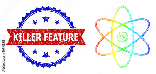 Crossing mesh atom model illustration with spectral gradient, and bicolor dirty Killer Feature seal stamp. Red badge contains Killer Feature text inside blue rosette. Vibrant carcass mesh atom icon.