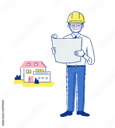 土木・建築関連の仕事をする男性と家