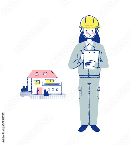 土木・建築関連の仕事をする女性と家