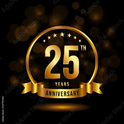 25 years anniversary logo with golden ring and ribbon for booklet, leaflet, magazine, brochure poster, banner, web, invitation or greeting card. Vector illustrations.