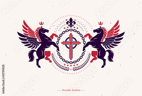 Vector emblem created in vintage heraldic design. Retro style label composed using mythic Pegasus, religious cross and royal crown.