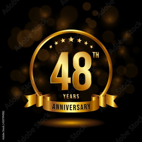 48 years anniversary logo with golden ring and ribbon for booklet, leaflet, magazine, brochure poster, banner, web, invitation or greeting card. Vector illustrations.