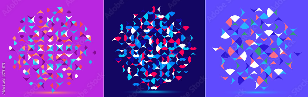 Abstract geometric backgrounds set, vector design elements in retro style of 70s, modern complex compositions with colorful geometrical shapes, modular designs.