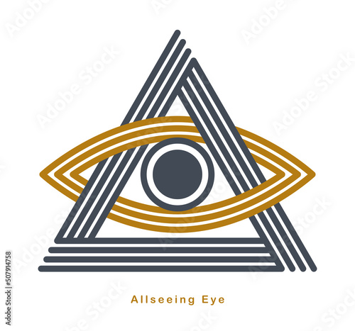 All seeing eye in triangle pyramid vector ancient symbol in modern linear style isolated on white, eye of god, masonic sign, secret knowledge illuminati.