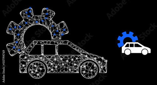 Net mesh automobile industry wireframe illustration with lightspots. Illuminated vector constellation is created from automobile industry pictogram. Vector carcass net automobile industry icon.