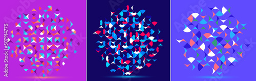 Abstract geometric backgrounds set, vector design elements in retro style of 70s, modern complex compositions with colorful geometrical shapes, modular designs.