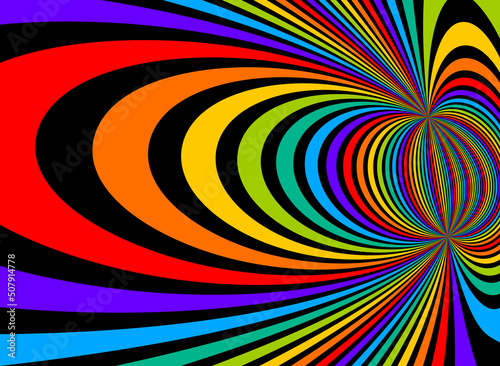 Psychedelic rainbow colored optical illusion lines vector insane art background  LSD hallucination delirium  surreal op art linear curves in hyper 3D perspective  hypnotic design.