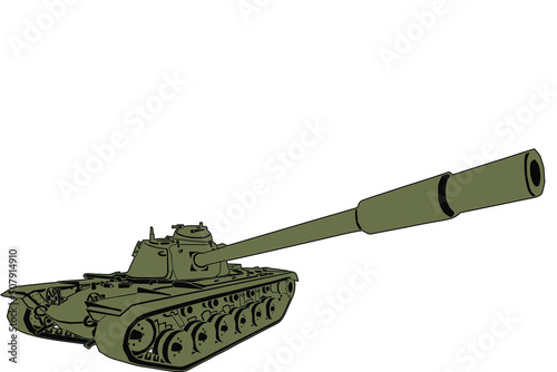 Vector image of the American T110E5 tank . Side view of the tank, the turret is turned, and the gun is pointing upwards
