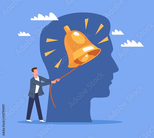 Awakening of inner consciousness. Self awareness and personality, sharp thinking, man ringing the bell in brain. Therapy and psychotherapy metaphor, vector cartoon flat isolated concept