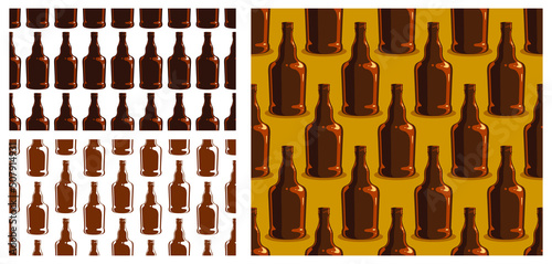 Alcohol bottles seamless vector background set, endless wallpaper with whiskey bottles, cognac or gin empty glasses texture collection.