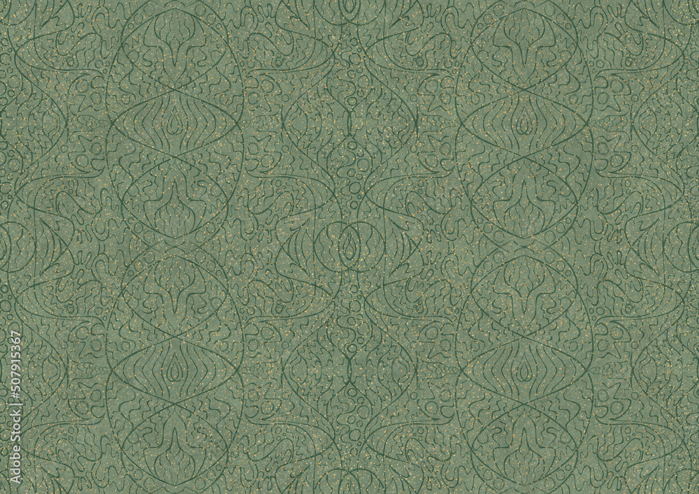 Hand-drawn unique abstract seamless ornament. Dark green on light warm green background, with splatters of golden glitter. Paper texture. Digital artwork, A4. (pattern: p02-2b) Hand-drawn unique abstract seamless ornament. Dark green on light warm green background, with splatters of golden glitter. Paper texture. Digital artwork, A4. (pattern: p02-2b)