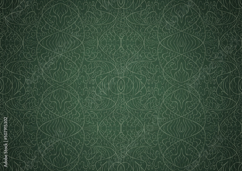 Hand-drawn unique abstract symmetrical seamless ornament. Bright green on a deep warm green with vignette of a darker background color. Paper texture. Digital artwork, A4. (pattern: p02-2b)