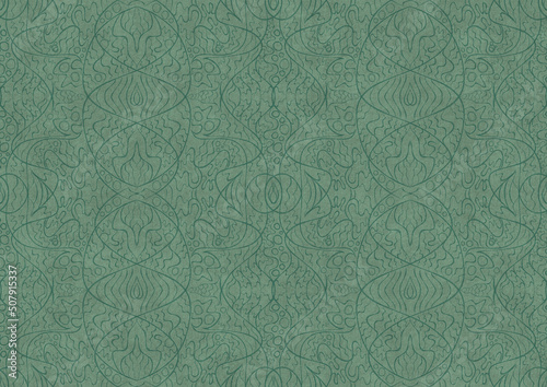 Hand-drawn unique abstract symmetrical seamless ornament. Dark semi transparent green on a light cold green background color. Paper texture. A4. (pattern: p02-2b)