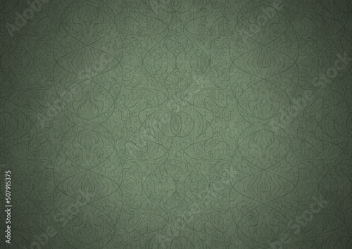 Hand-drawn unique abstract symmetrical seamless ornament. Dark semi transparent green on a light warm green with vignette of a darker background color. Paper texture. A4. (pattern: p02-2b)