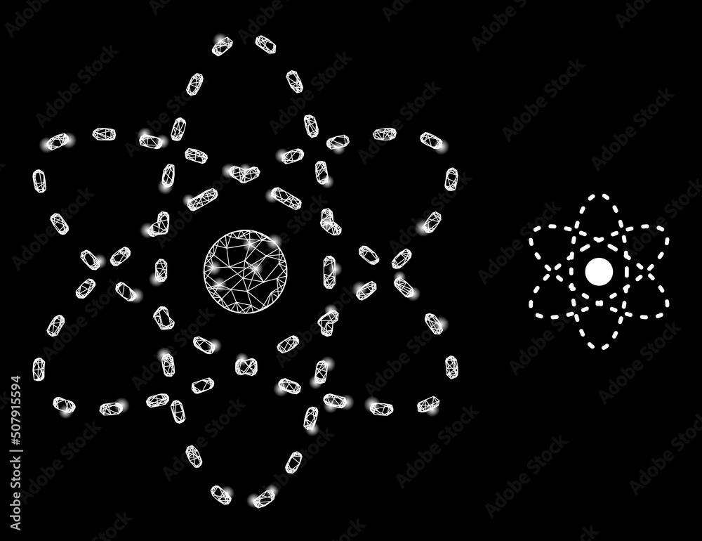 Crossing mesh atom model carcass icon with lightspots. Illuminated vector model based on atom model icon. Vector frame mesh atom model icon. Flat mesh created from atom model icon and crossed lines. Crossing mesh atom model carcass icon with lightspots. Illuminated vector model based on atom model icon. Vector frame mesh atom model icon. Flat mesh created from atom model icon and crossed lines.
