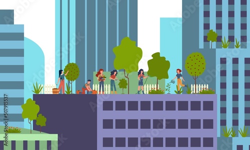 Gardening in city. Urban farming on skyscraper roof, people grocery produced, ecological green and environmental lifestyle, eco bio growing, men and women on terrace vector cartoon flat concept