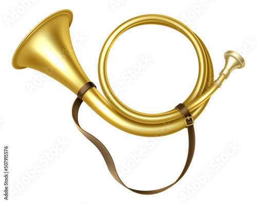 Golden trumpet. Realistic musical instrument. Gold metal bugle. Royal decoration. 3D medieval monarchy heraldic symbol. Acoustic music equipment. Vector isolated illustration