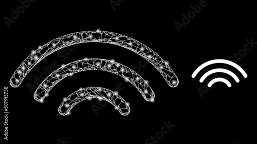 Net mesh broadcasting source frame icon with lightspots. Illuminated vector model is created from broadcasting source pictogram. Vector frame network broadcasting source icon.