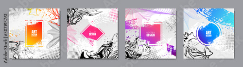 Vector illustration. Grunge frame gradient color. Halftone dots, grunge ink texture, marble liquid texture. Design elements for social media template, web banner. Abstract background collection