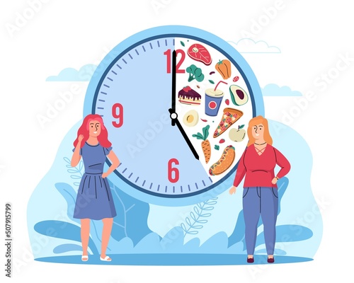 Interval fasting. Balanced diet for weight loss, thin and fat women stand near clock, meal schedule, time window for food eating, healthy lifestyle proper nutrition, vector cartoon flat concept