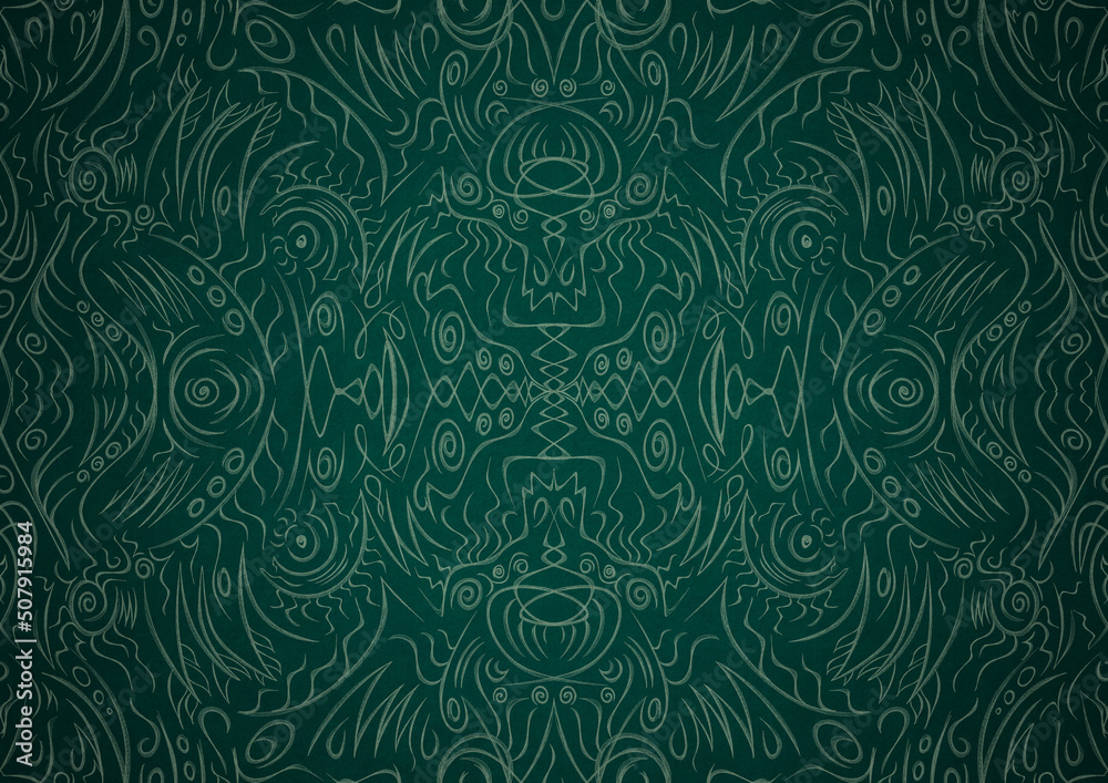 Hand-drawn unique abstract symmetrical seamless ornament. Bright green on a deep cold green with vignette of a darker background color. Paper texture. Digital artwork, A4. (pattern: p03a)