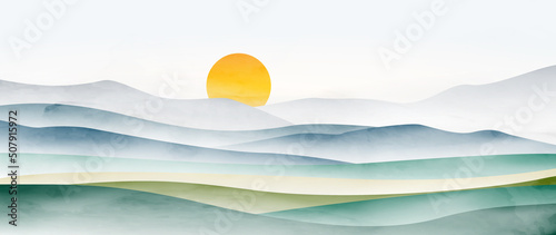 Landscape art banner with blue and green mountains and hills with sun. Watercolor style banner for wallpaper design, decor, interior design