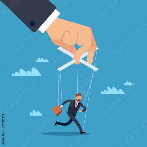 Management, business control. People manipulation. Huge hand little businessman on leash. Worker on ropes. Abuse of power. Symbol of domination. Vector cartoon flat isolated concept
