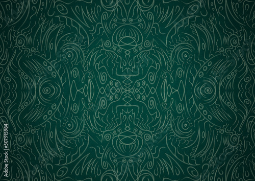 Hand-drawn unique abstract symmetrical seamless ornament. Bright green on a deep cold green with vignette of a darker background color. Paper texture. Digital artwork, A4. (pattern: p03a)