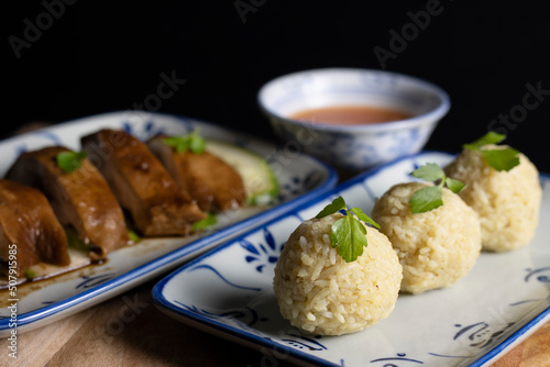 Hainanese chicken rice ball, tasty lunch option. Served with soy sauce chicken and chilli garlic sauce.