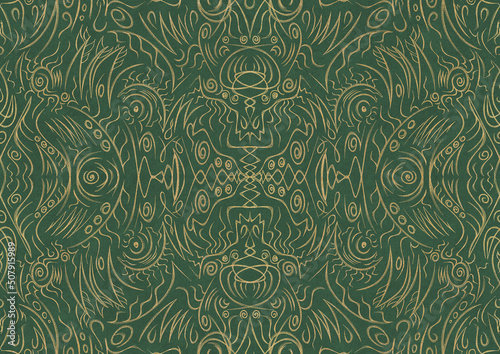 Hand-drawn unique abstract symmetrical seamless gold ornament of golden glitter on a warm green background. Paper texture. Digital artwork, A4. (pattern: p03a)