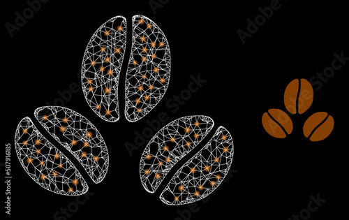 Crossing mesh cacao beans model icon with lightspots. Illuminated vector model is created from cacao beans icon. Vector carcass net cacao beans icon.