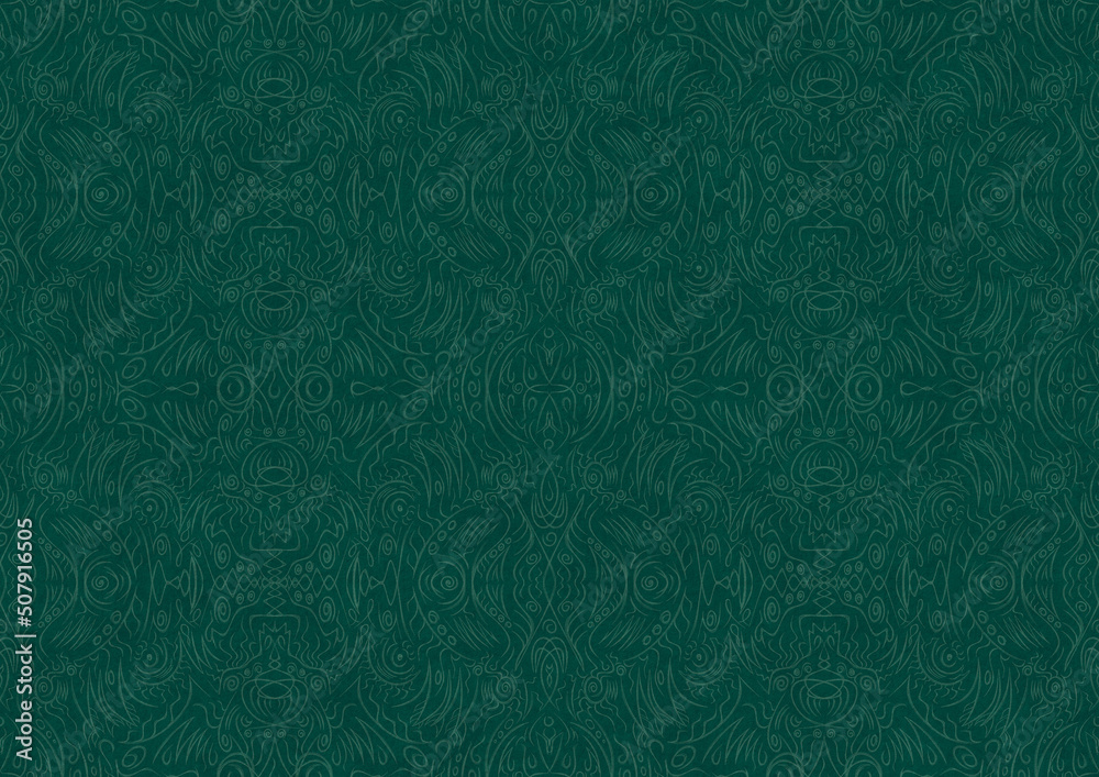 Hand-drawn unique abstract symmetrical seamless ornament. Bright semi transparent green on a deep cold green background. Paper texture. Digital artwork, A4. (pattern: p03b) Hand-drawn unique abstract symmetrical seamless ornament. Bright semi transparent green on a deep cold green background. Paper texture. Digital artwork, A4. (pattern: p03b)